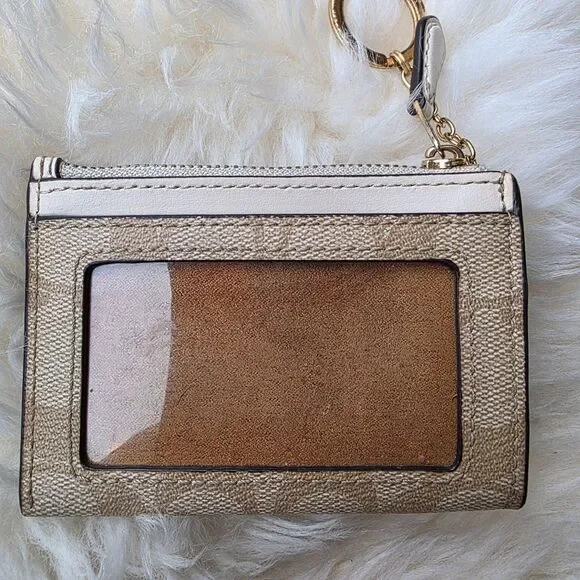 Coach Card Wallet with Logo, Zipper & Key Ring Tan Signature Jacquard Card Slot - Picture 2 of 12